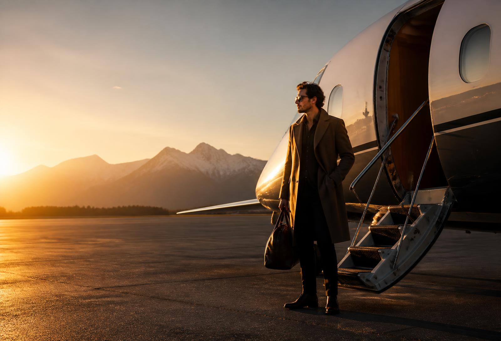 A traveller stepping off a private aircraft at sunrise