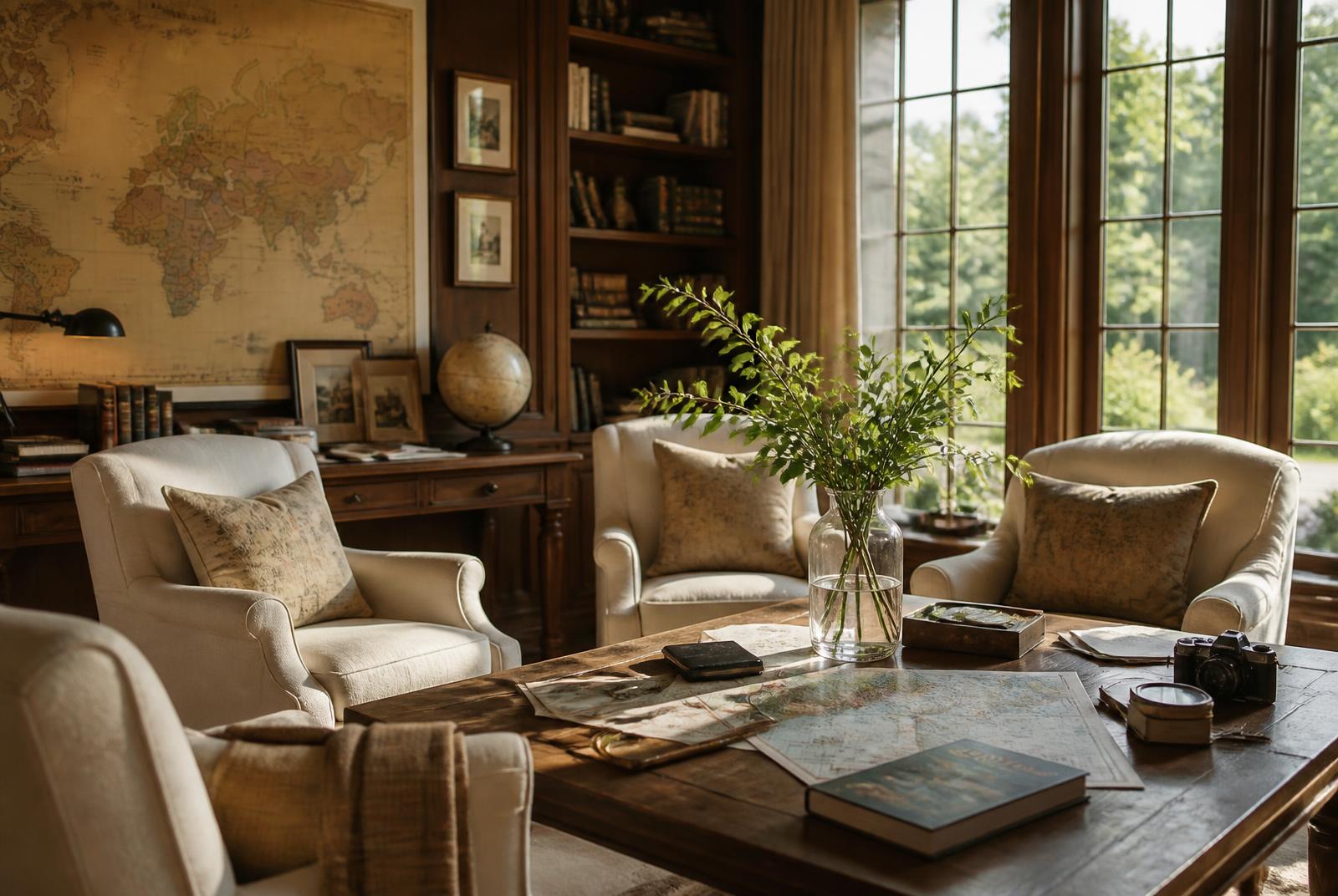 A sunlit study set for planning a private journey